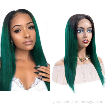 Free Sample Brazilian Virgin Human Hair 1b/green Ombre Color 4x4 Transparent HD Lace Closure Wig Straight Hair Lace Front Wigs